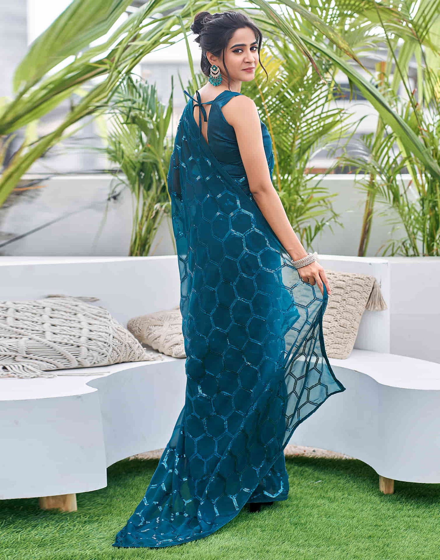 Rama Blue Georgette Sequence Saree