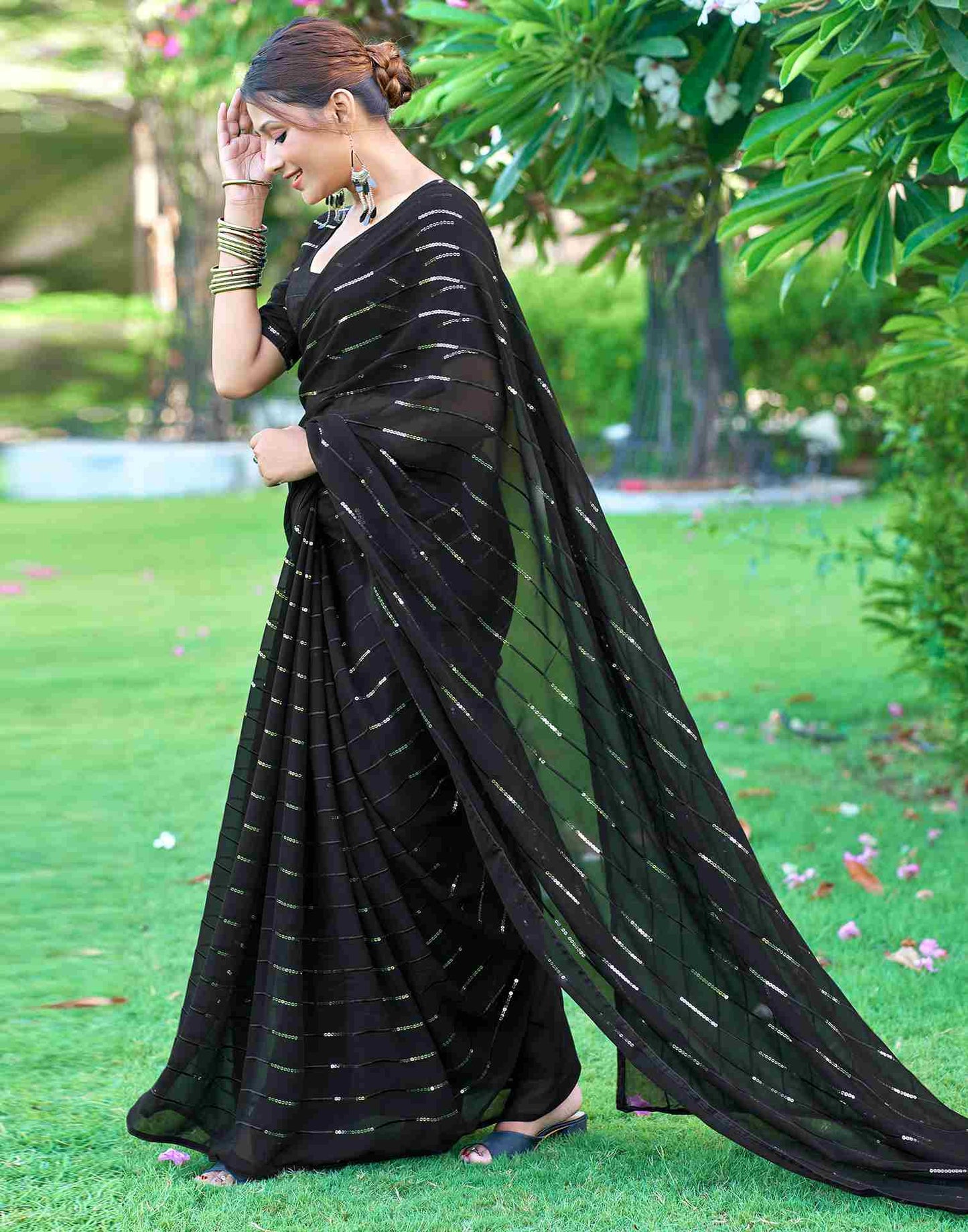 Black Georgette Plain Sequence Saree