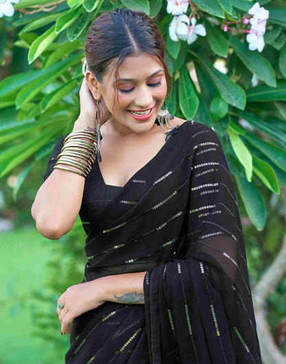 Black Georgette Plain Sequence Saree