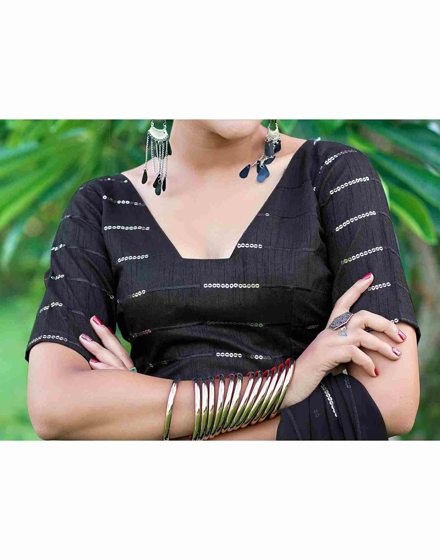 Black Georgette Plain Sequence Saree