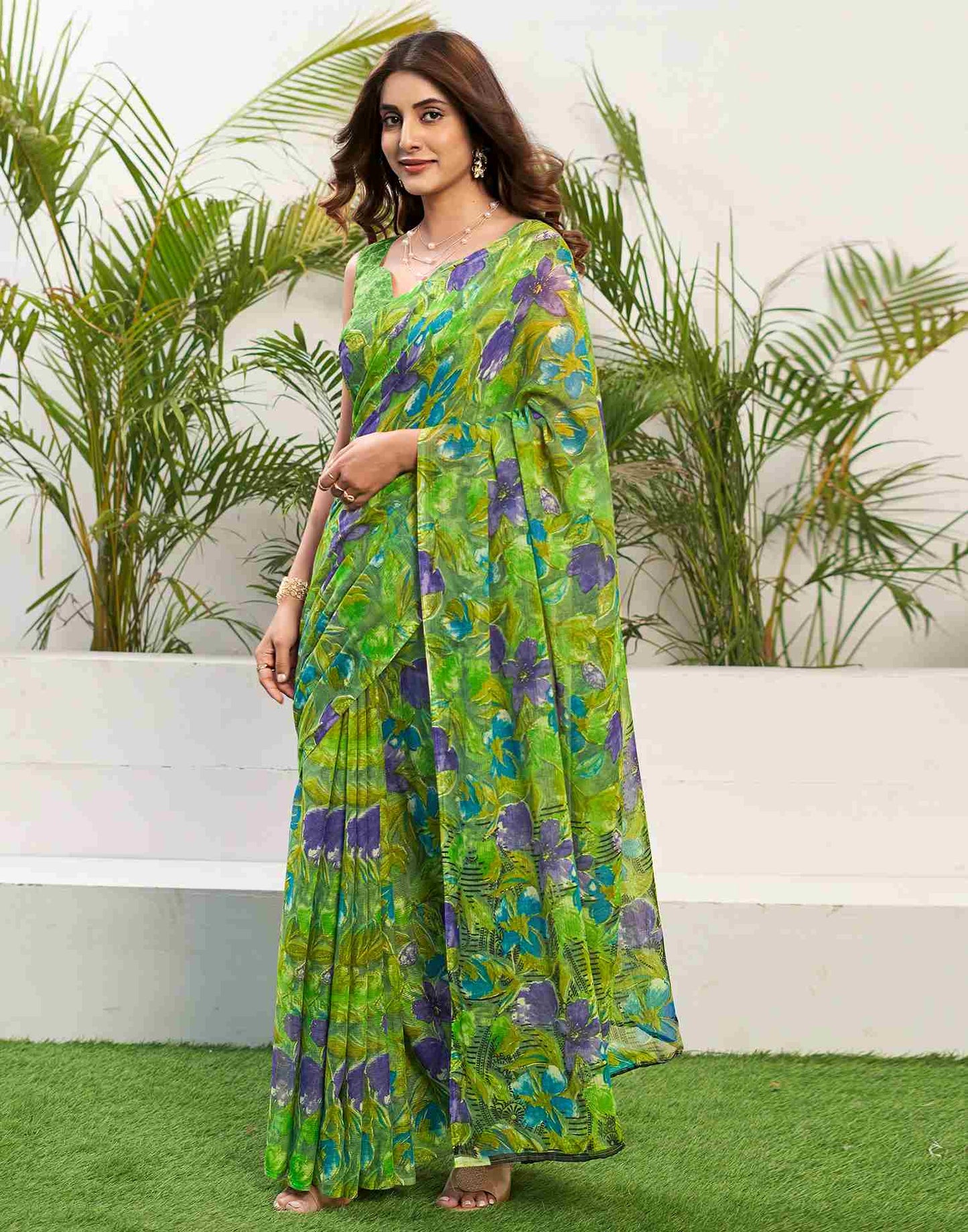 Green Chiffon Printed Saree