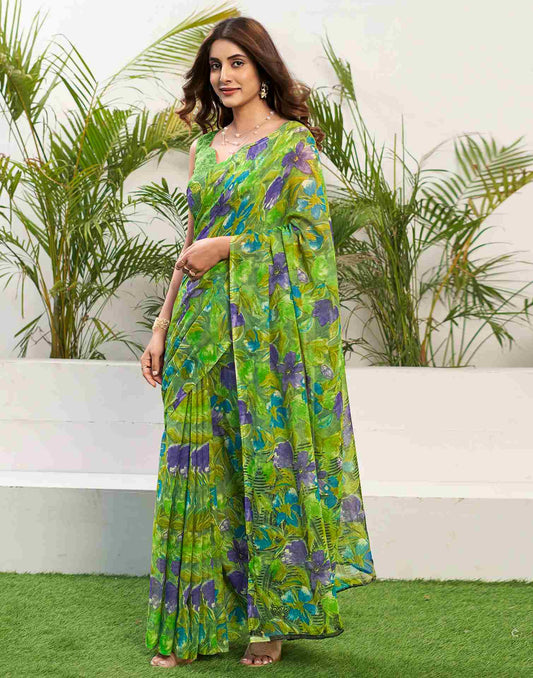 Green Chiffon Printed Saree
