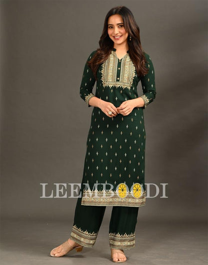 Bottle Green Coloured Rayon Foil Printed Kurti With Palazzo | Leemboodi