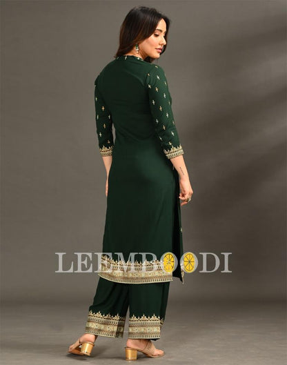 Bottle Green Coloured Rayon Foil Printed Kurti With Palazzo | Leemboodi