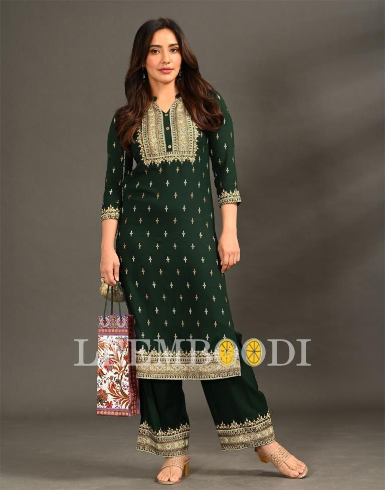 Bottle Green Coloured Rayon Foil Printed Kurti With Palazzo | Leemboodi