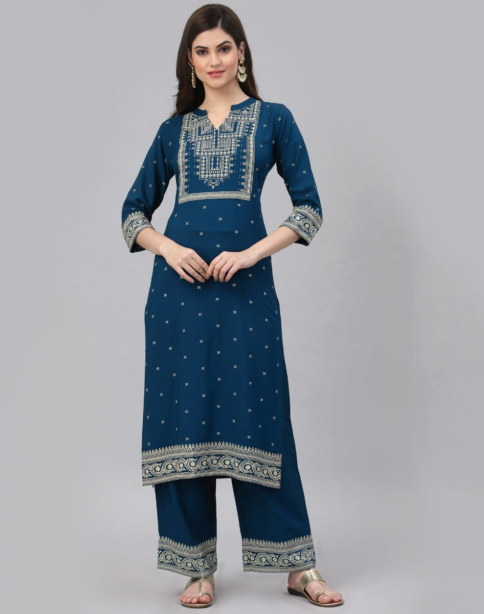 Teal Printed Kurta Palazzo Set | Leemboodi