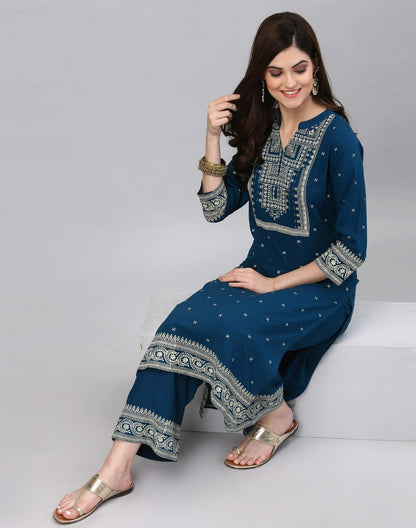 Teal Printed Kurta Palazzo Set | Leemboodi