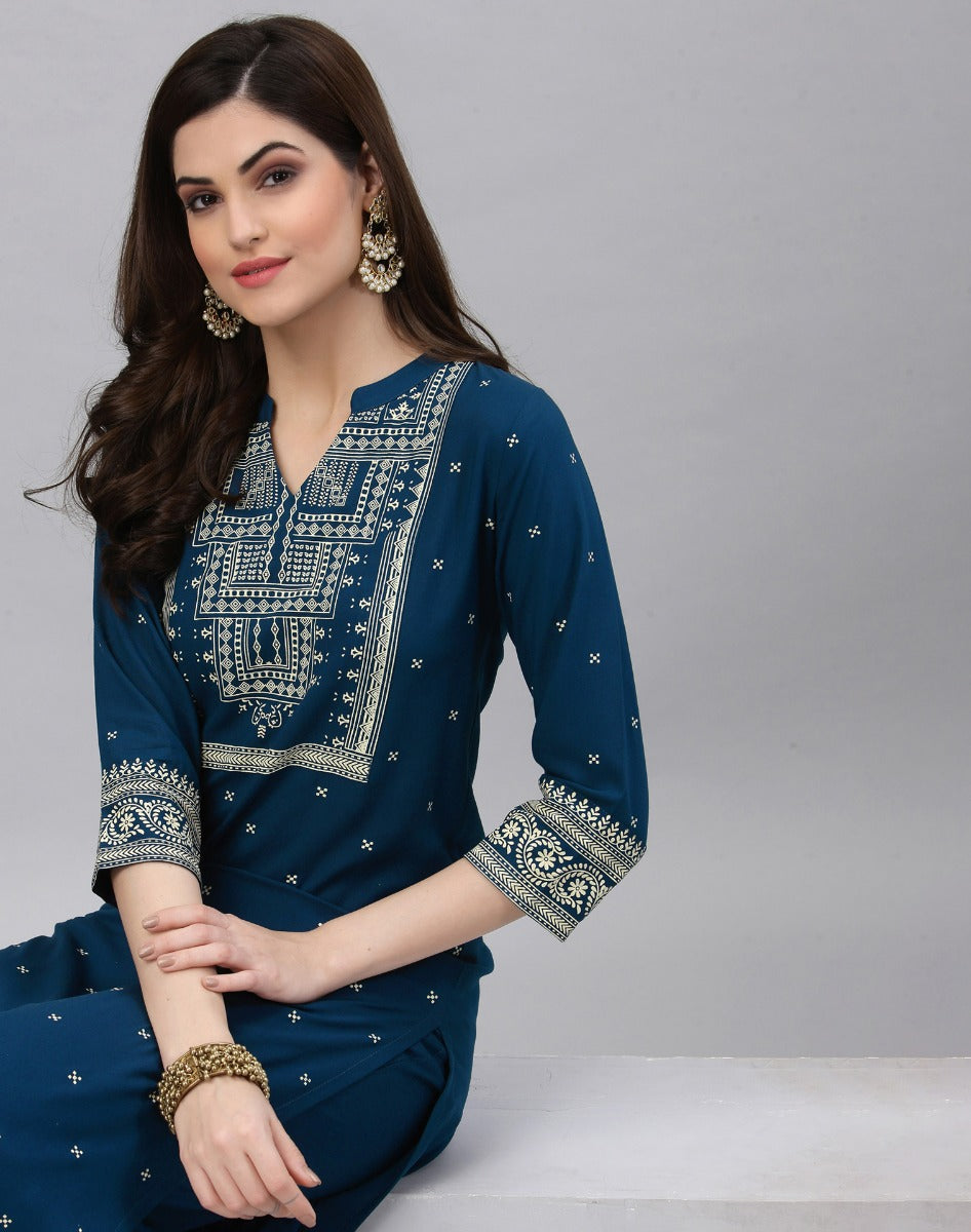 Teal Printed Kurta Palazzo Set | Leemboodi