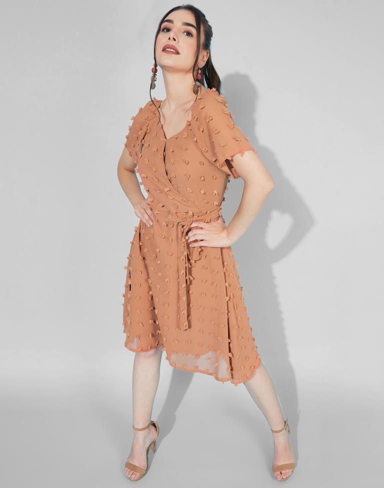 Rust Swiss Dot Overlap Collar Tie Front  Dress | Leemboodi