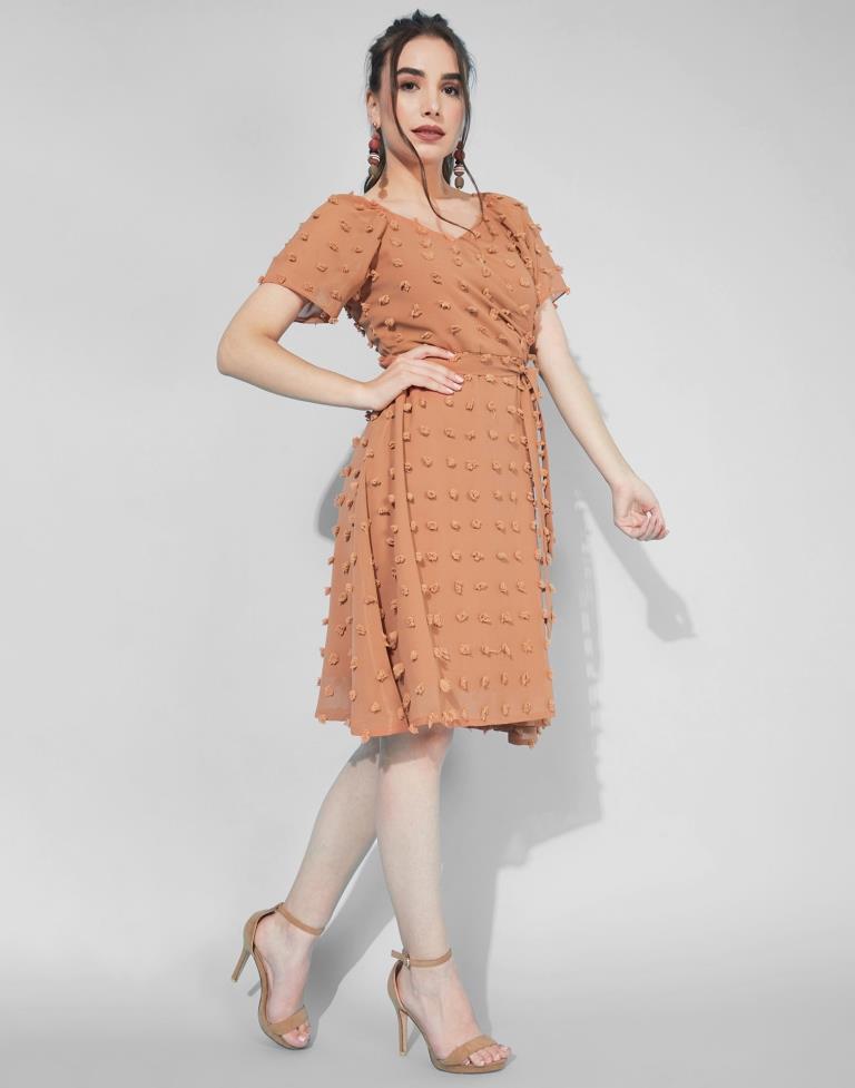 Rust Swiss Dot Overlap Collar Tie Front  Dress | Leemboodi