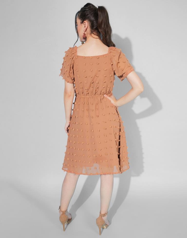 Rust Swiss Dot Overlap Collar Tie Front  Dress | Leemboodi