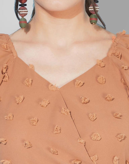 Rust Swiss Dot Overlap Collar Tie Front  Dress | Leemboodi