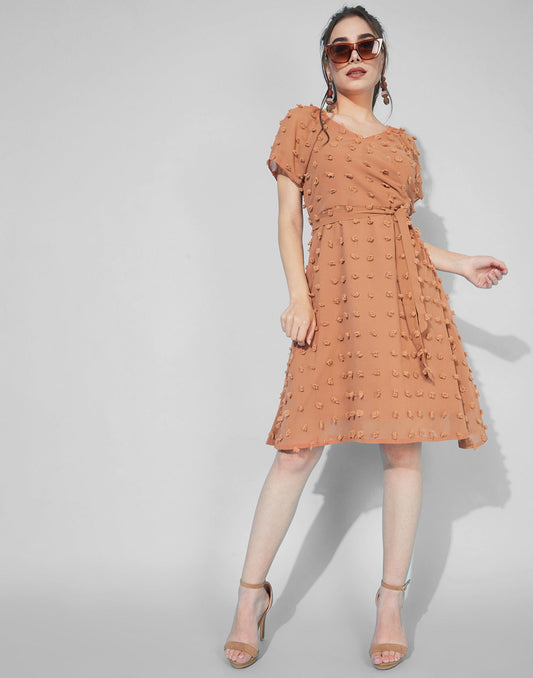 Rust Swiss Dot Overlap Collar Tie Front  Dress | Leemboodi