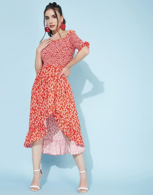 Red Smocked Dress | Leemboodi
