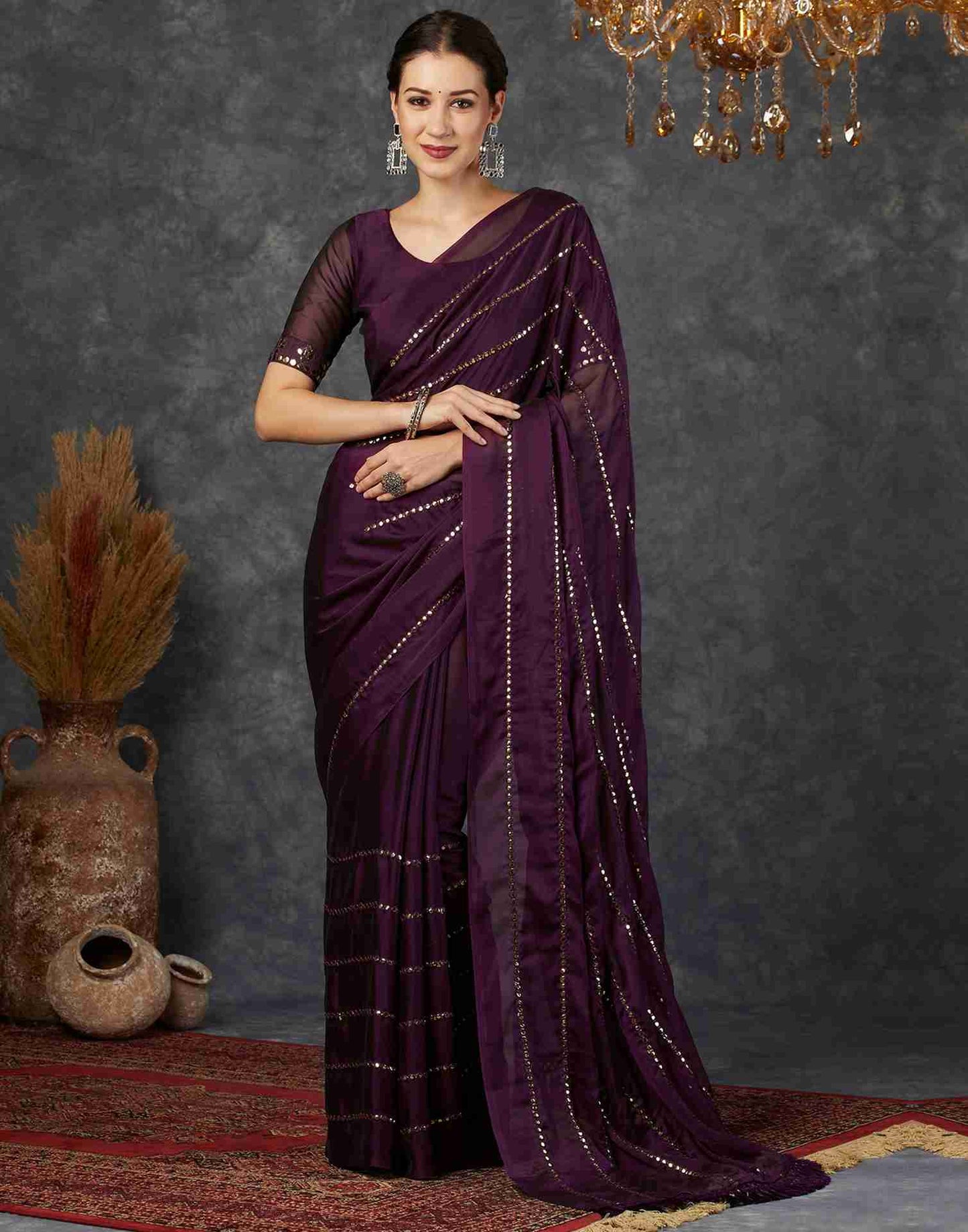 Wine Georgette Plain Mirror Work Saree