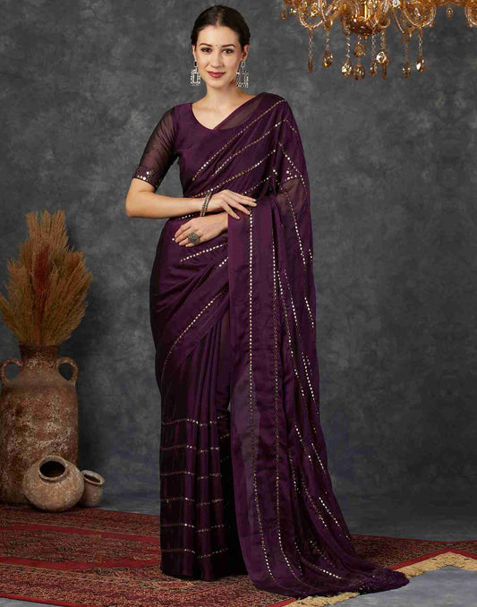 Wine Georgette Plain Mirror Work Saree