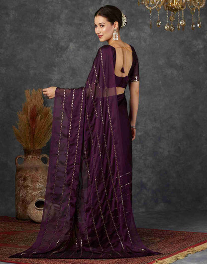 Wine Georgette Plain Mirror Work Saree