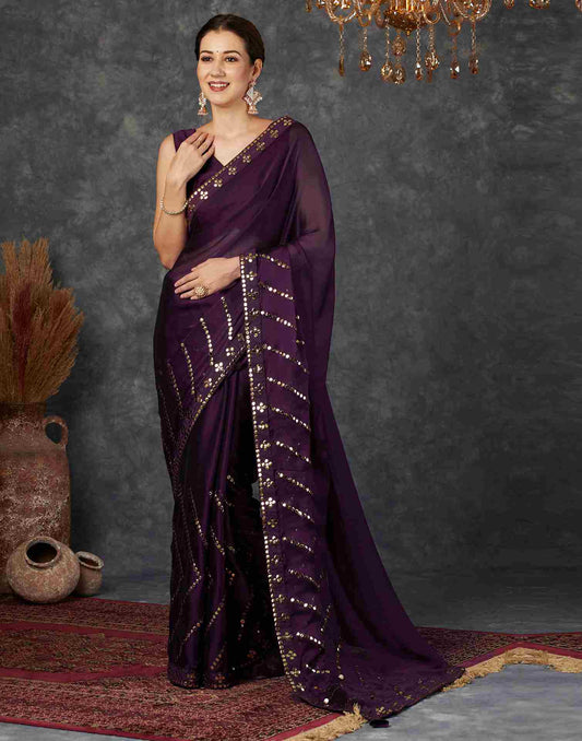 Wine Georgette Plain Mirror Work Saree