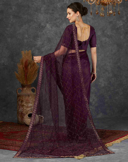 Wine Net Plain Printed Saree