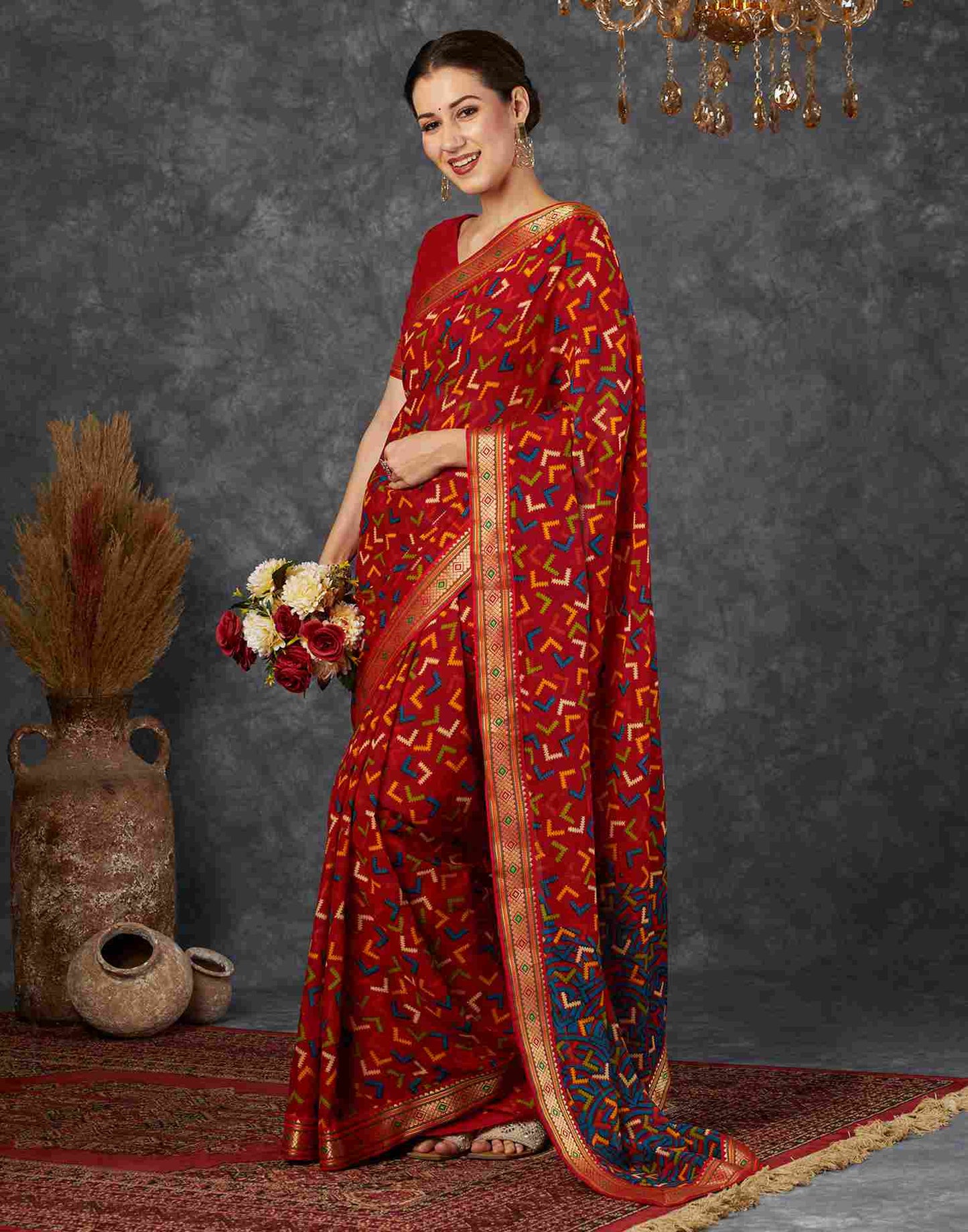 Red Georgette Printed Saree