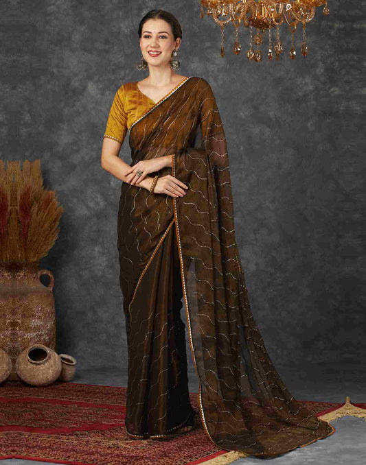 Wood Brown Chiffon Plain Printed Saree