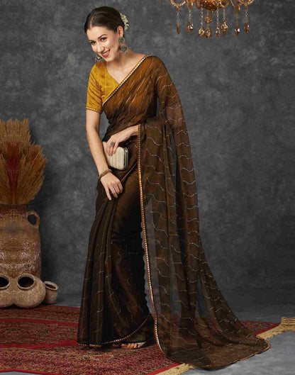 Wood Brown Chiffon Plain Printed Saree