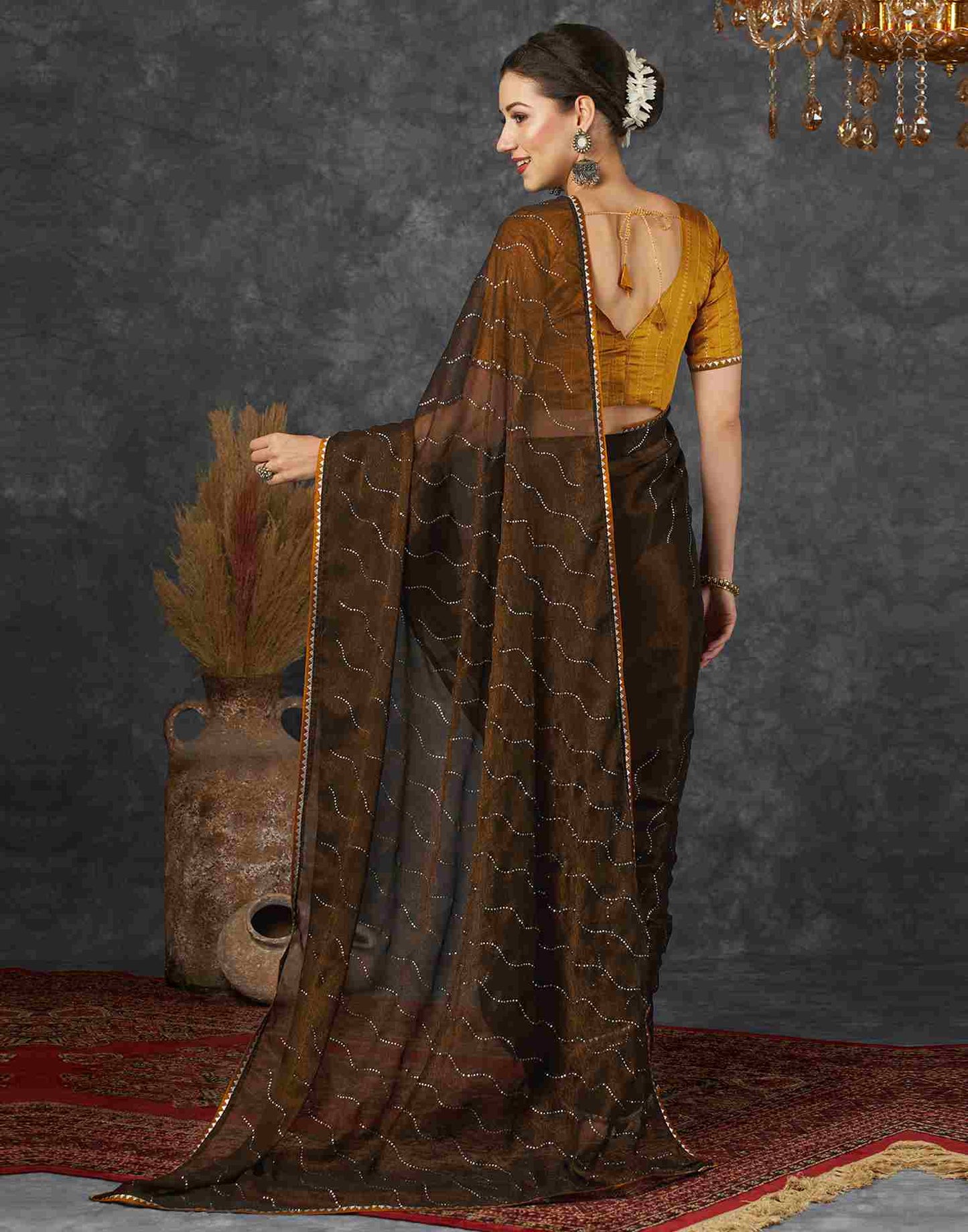 Wood Brown Chiffon Plain Printed Saree