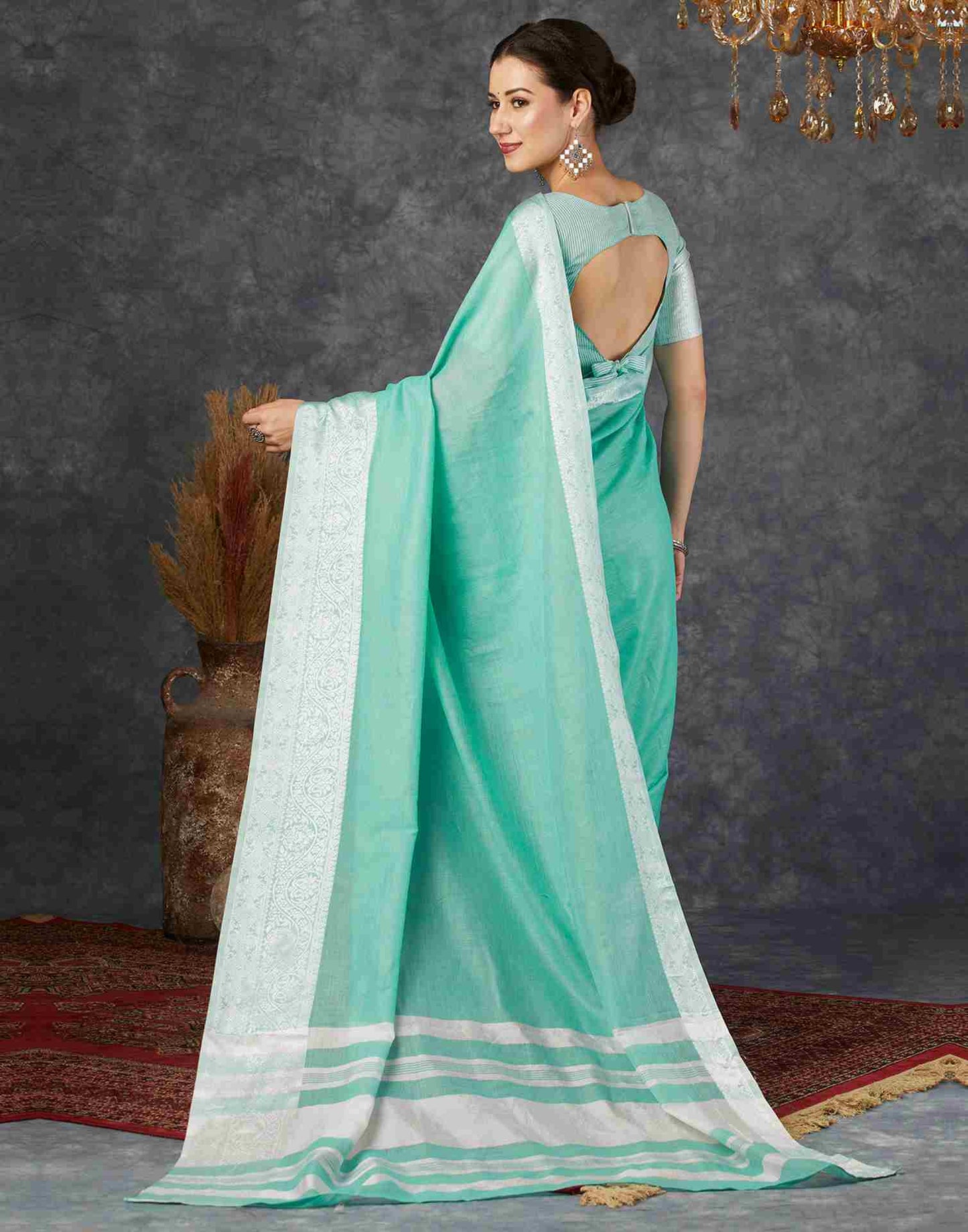 Turquoise Cotton Woven Banarasi Saree