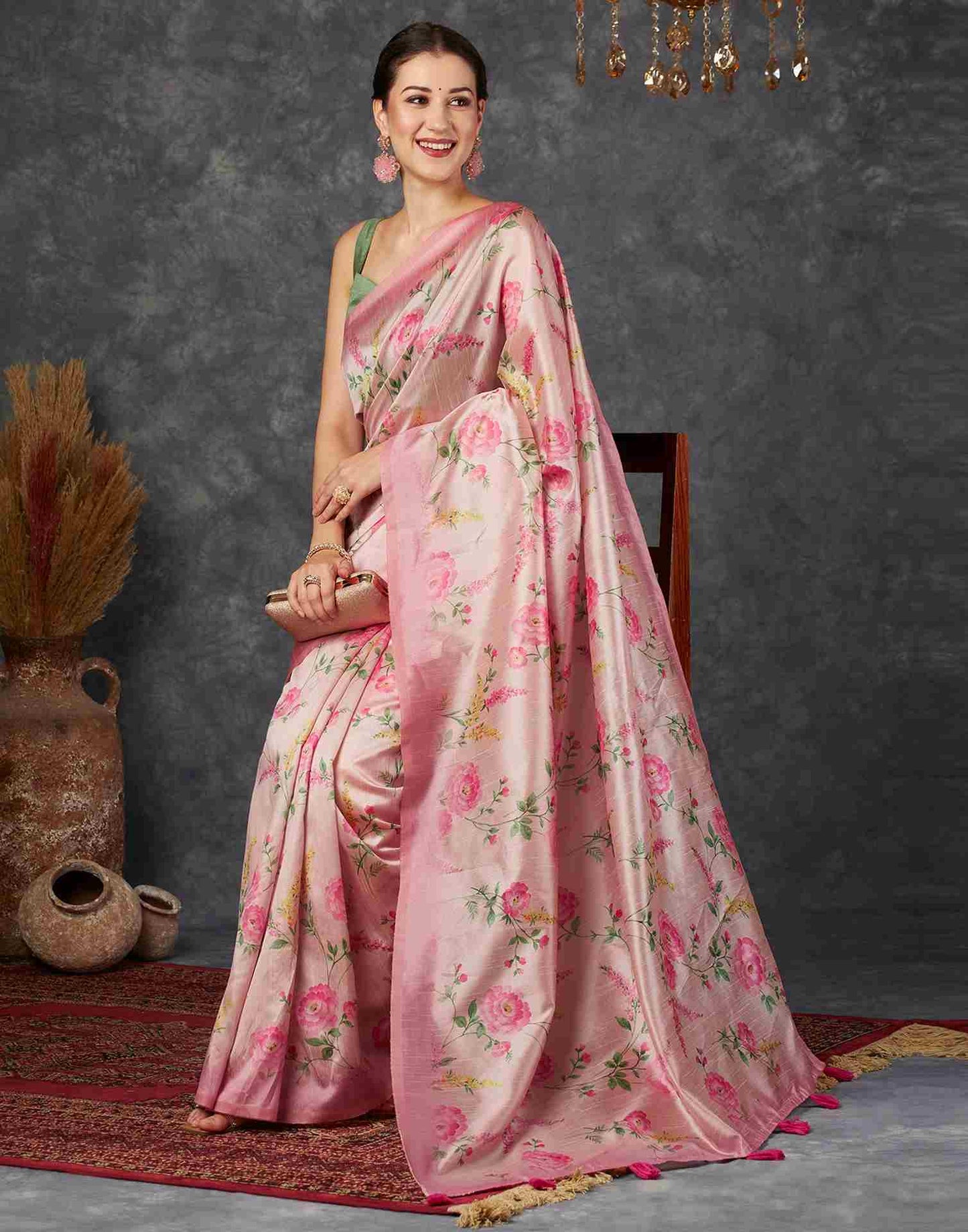 Light Pink Silk Printed Saree