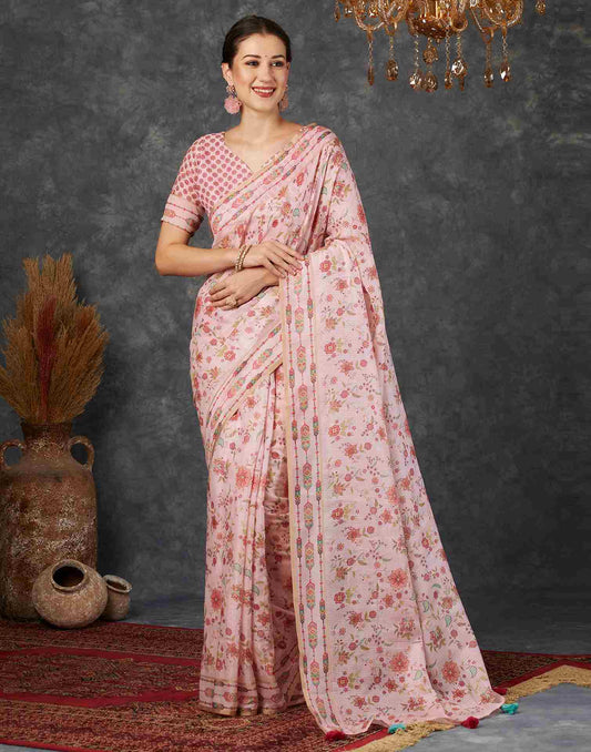 Light Pink Silk Printed Saree