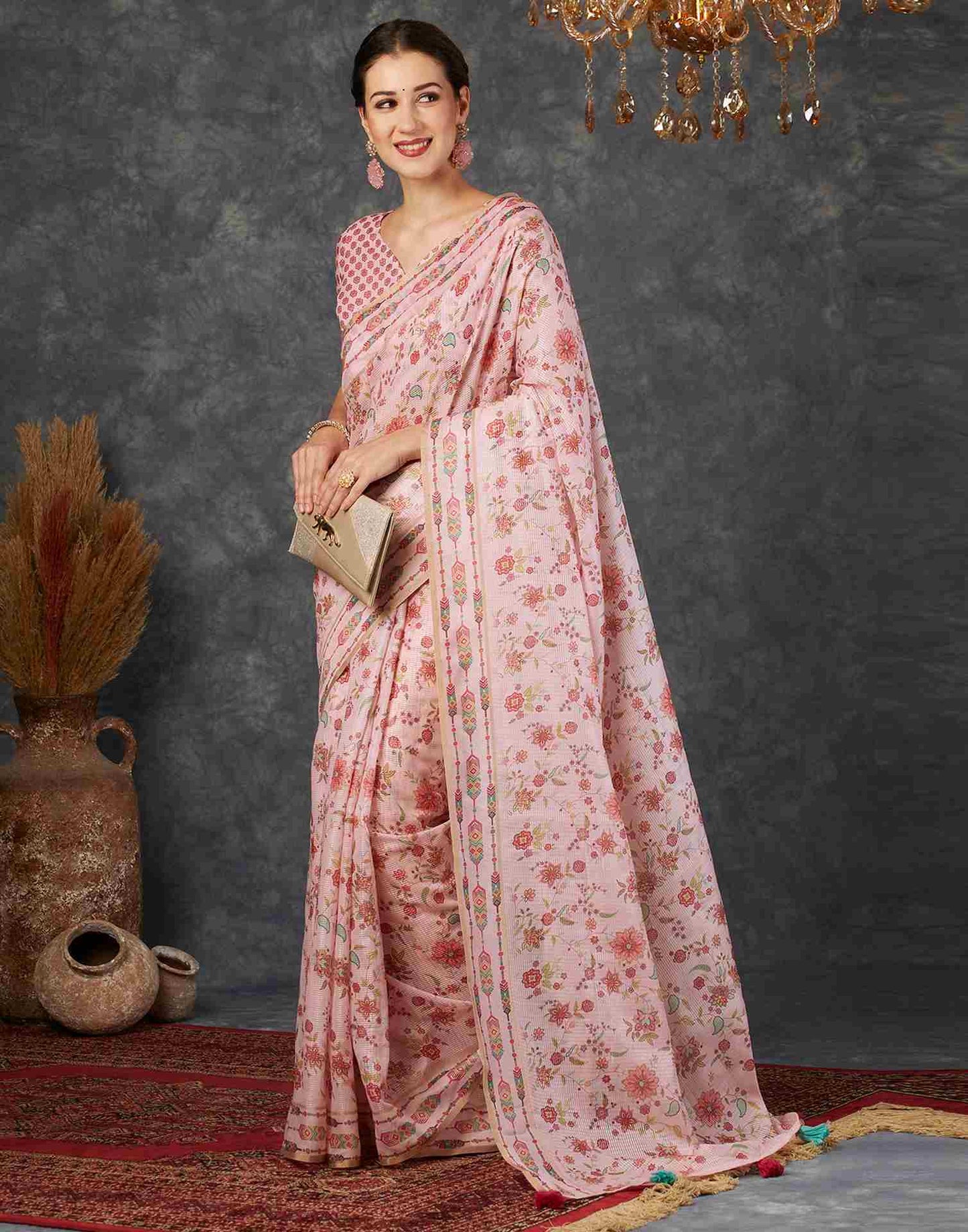 Light Pink Silk Printed Saree