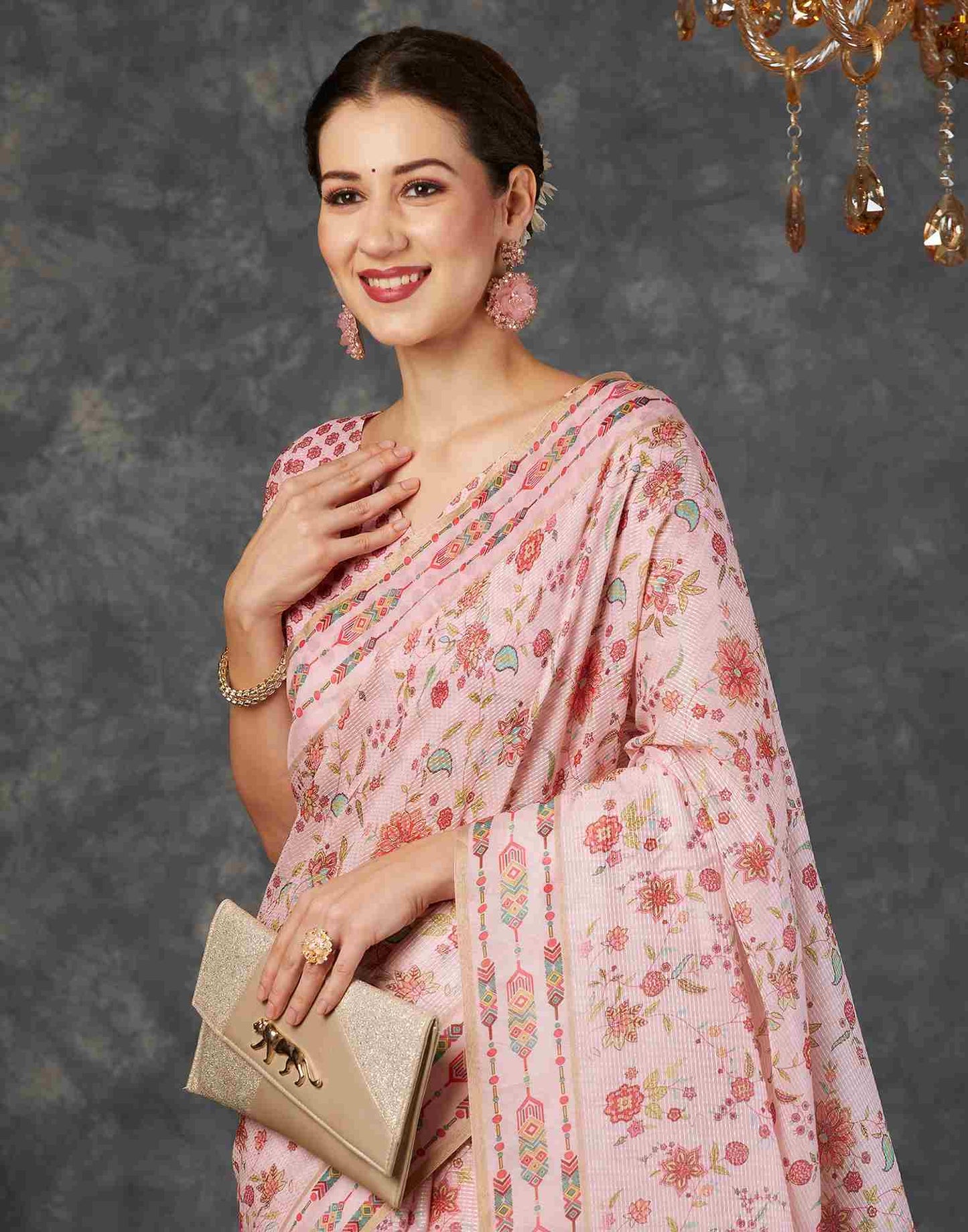 Light Pink Silk Printed Saree
