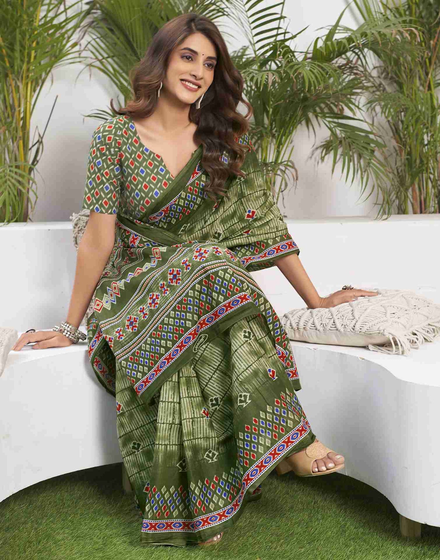 Olive Green Cotton Printed Saree