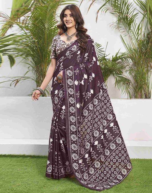 Wine Cotton Printed Saree