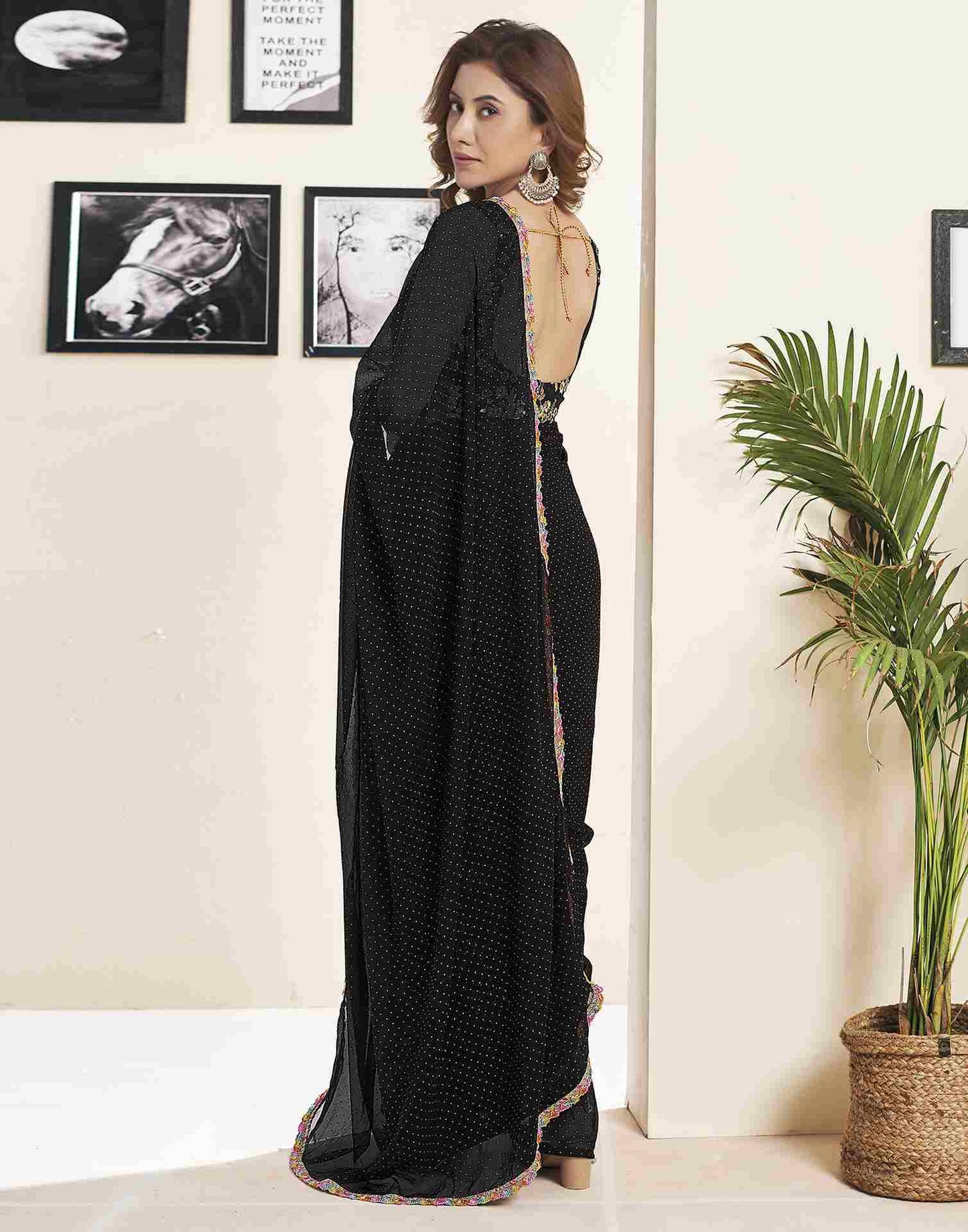 Black Georgette Plain Printed Saree