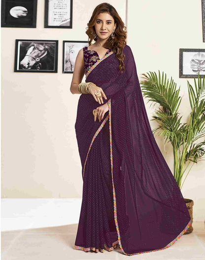 Wine Georgette Plain Printed Saree