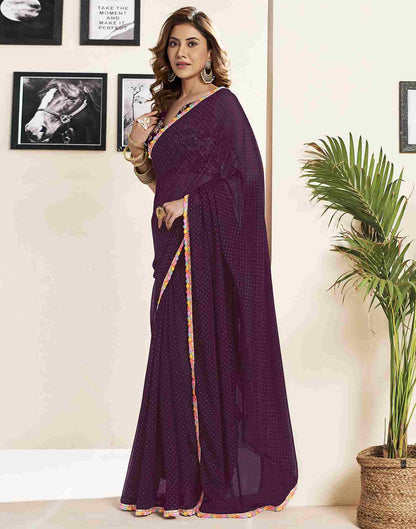 Wine Georgette Plain Printed Saree