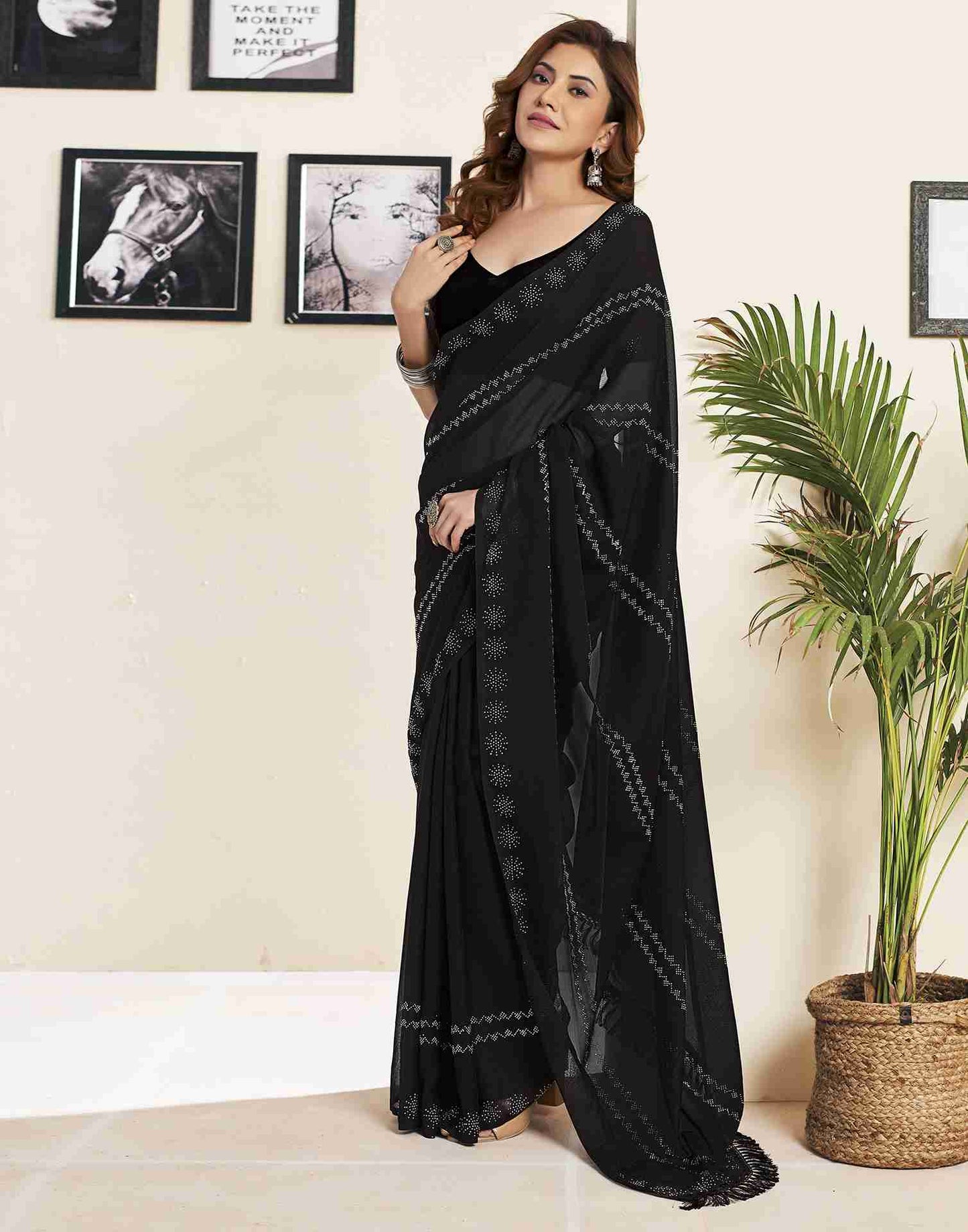 Black Georgette Plain Printed Saree