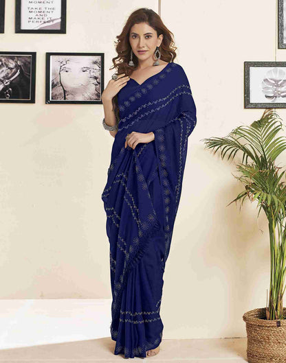 Dark Blue Georgette Plain Printed Saree