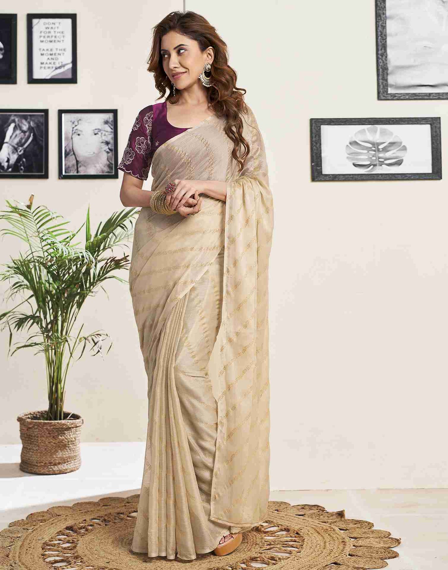 Beige Chiffon Plain Saree