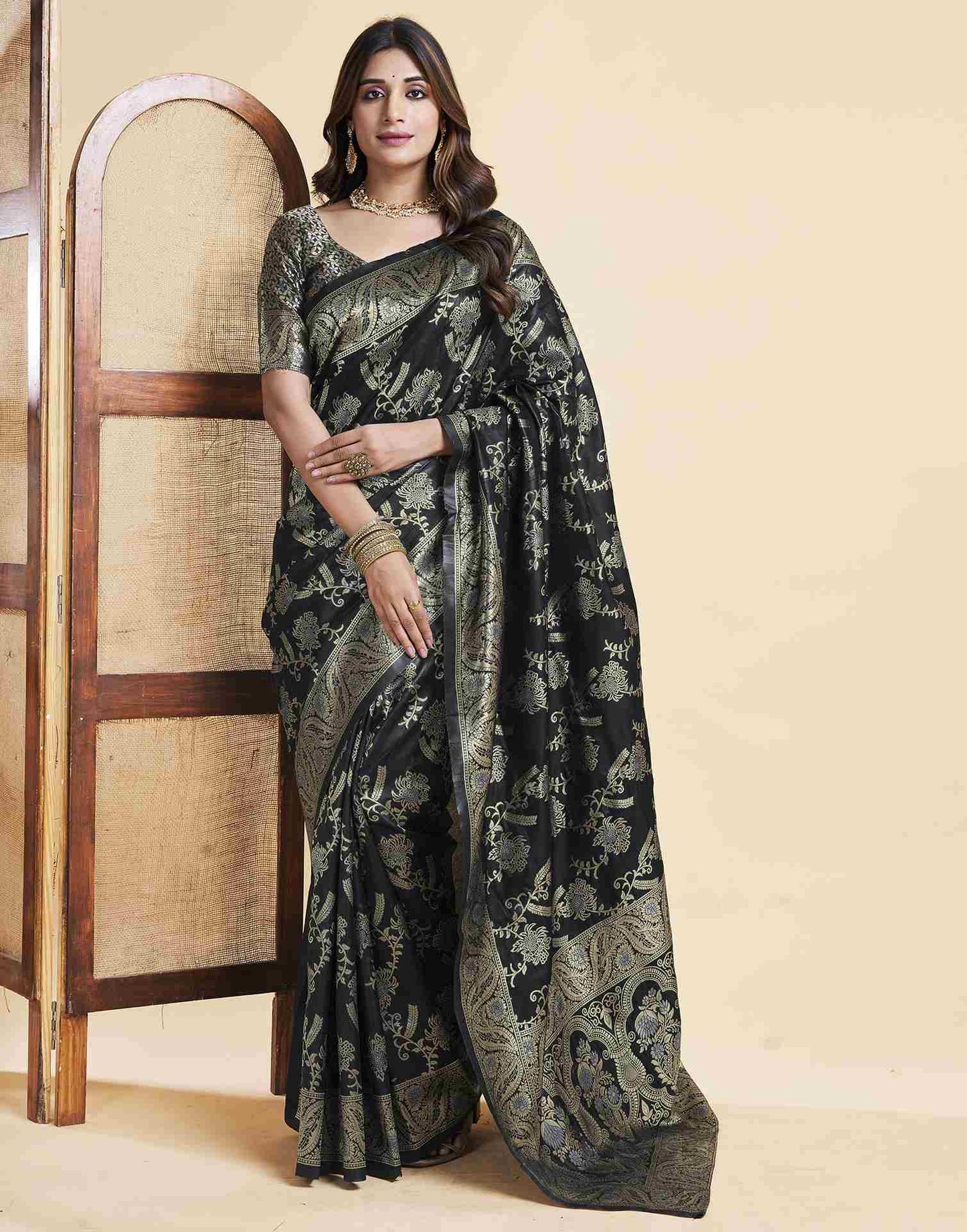 Black Floral Banarasi Silk Saree