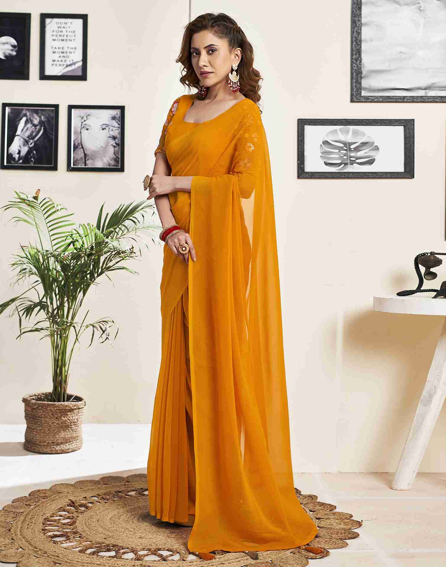 Turmeric Yellow Georgette Plain Saree