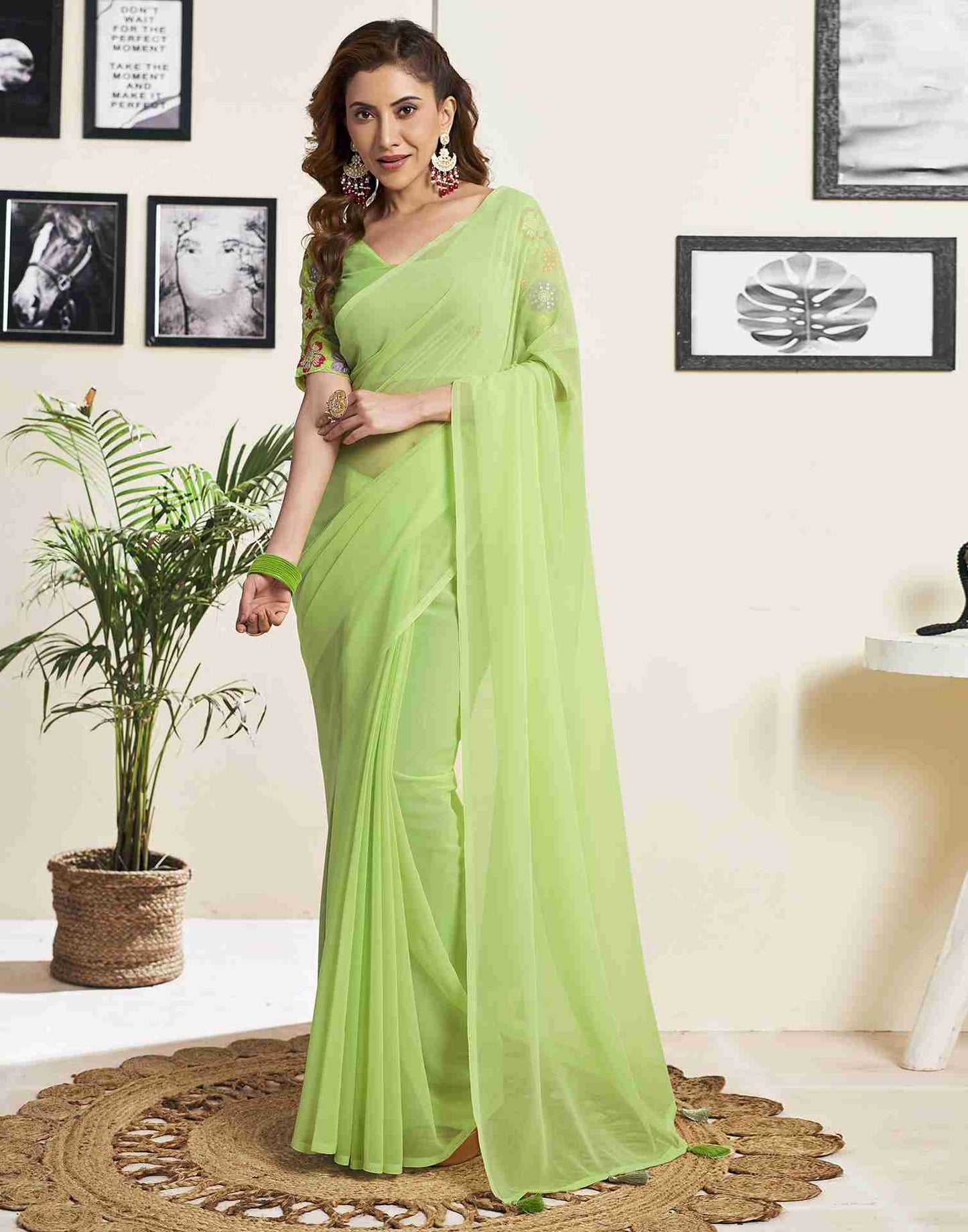 Pastel Green Georgette Plain Saree