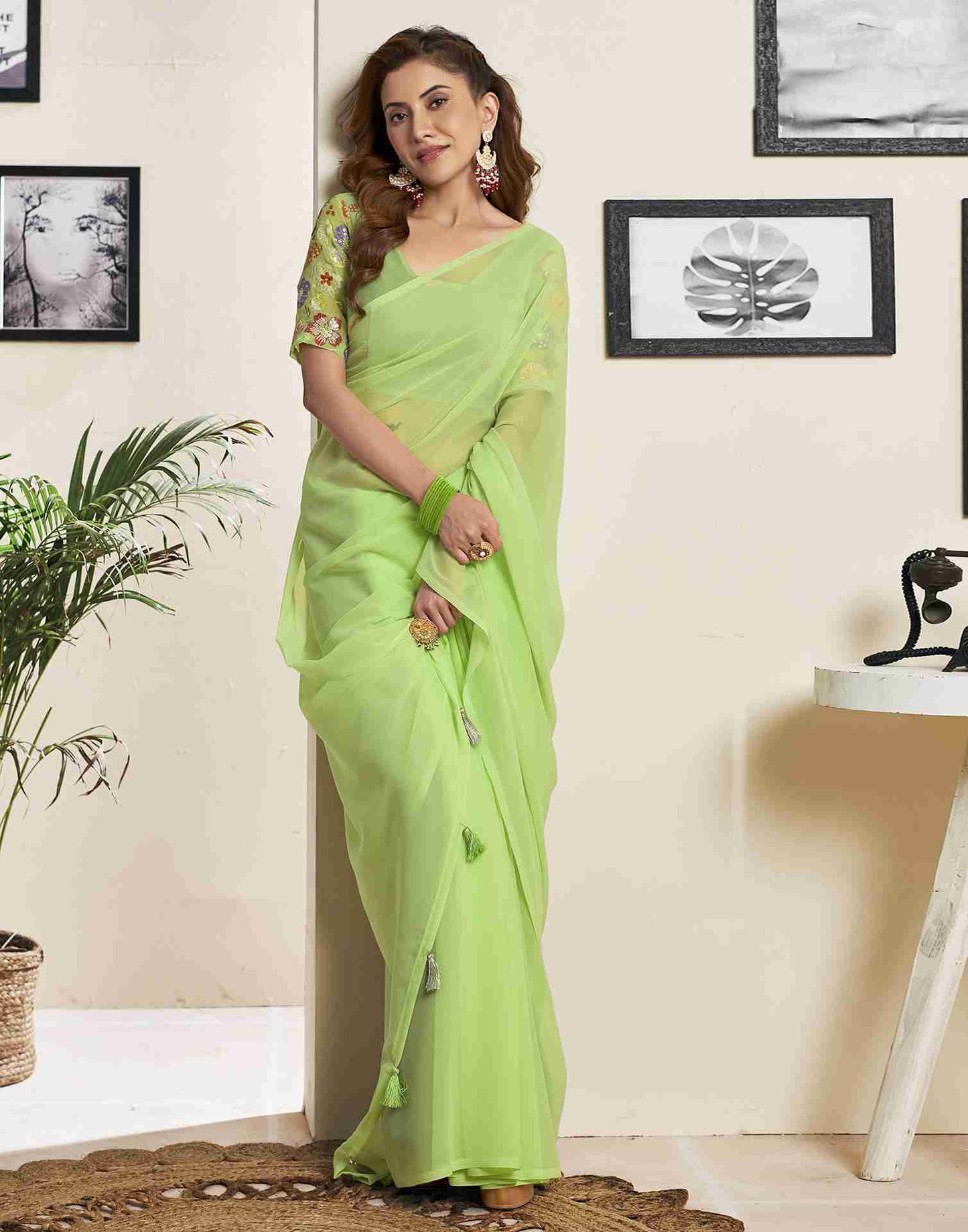 Pastel Green Georgette Plain Saree