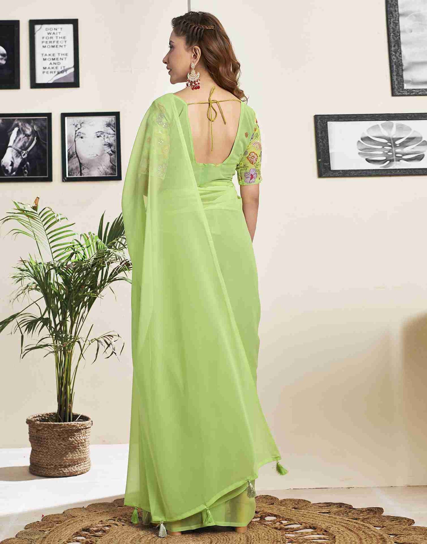 Pastel Green Georgette Plain Saree