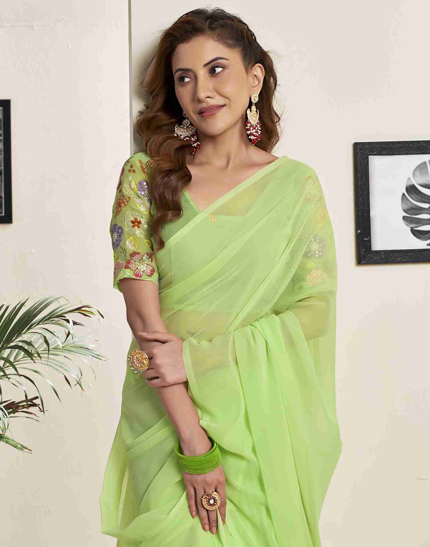 Pastel Green Georgette Plain Saree