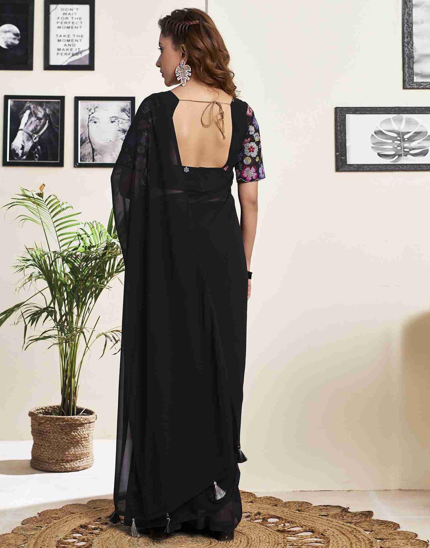 Black Georgette Plain Saree