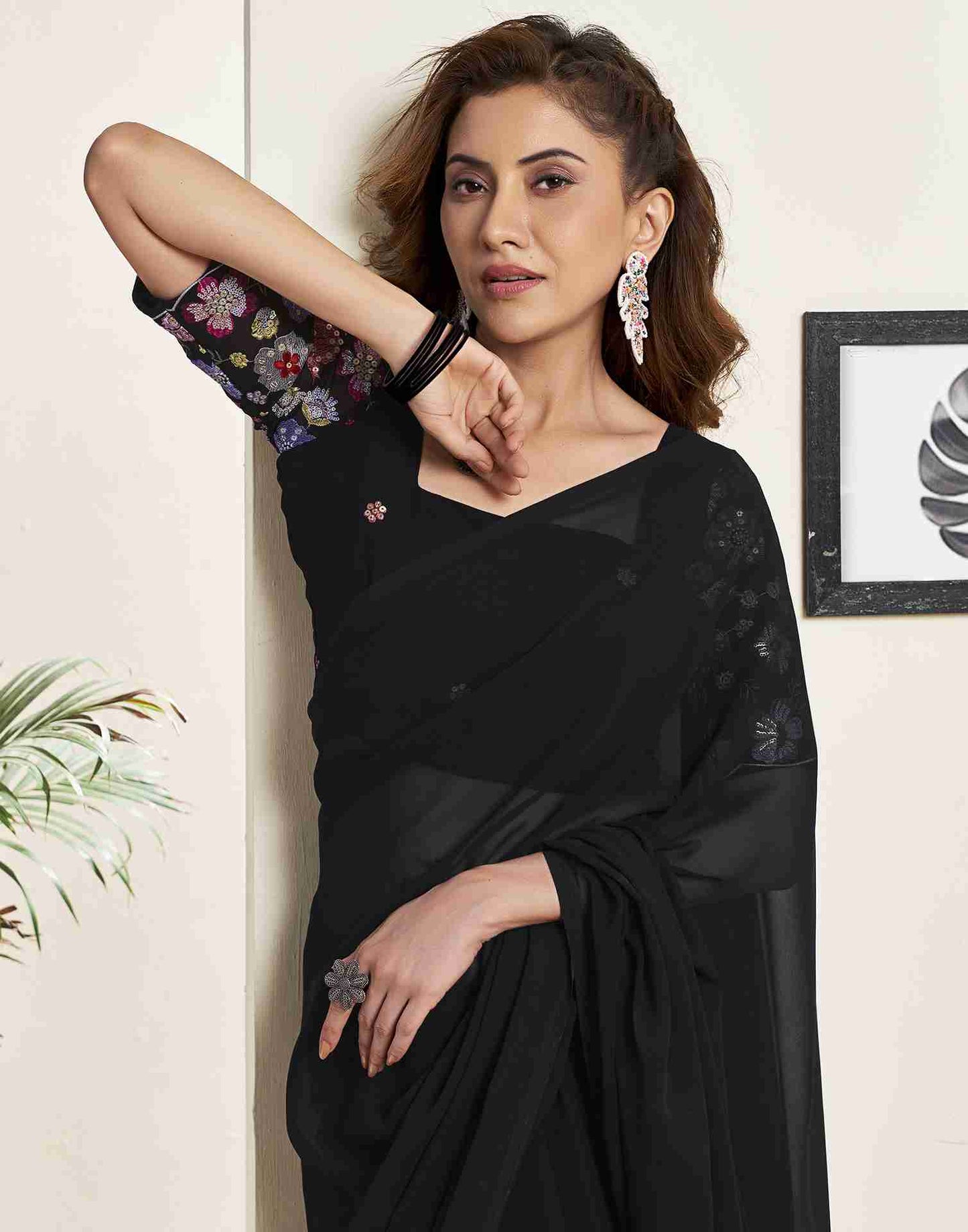 Black Georgette Plain Saree