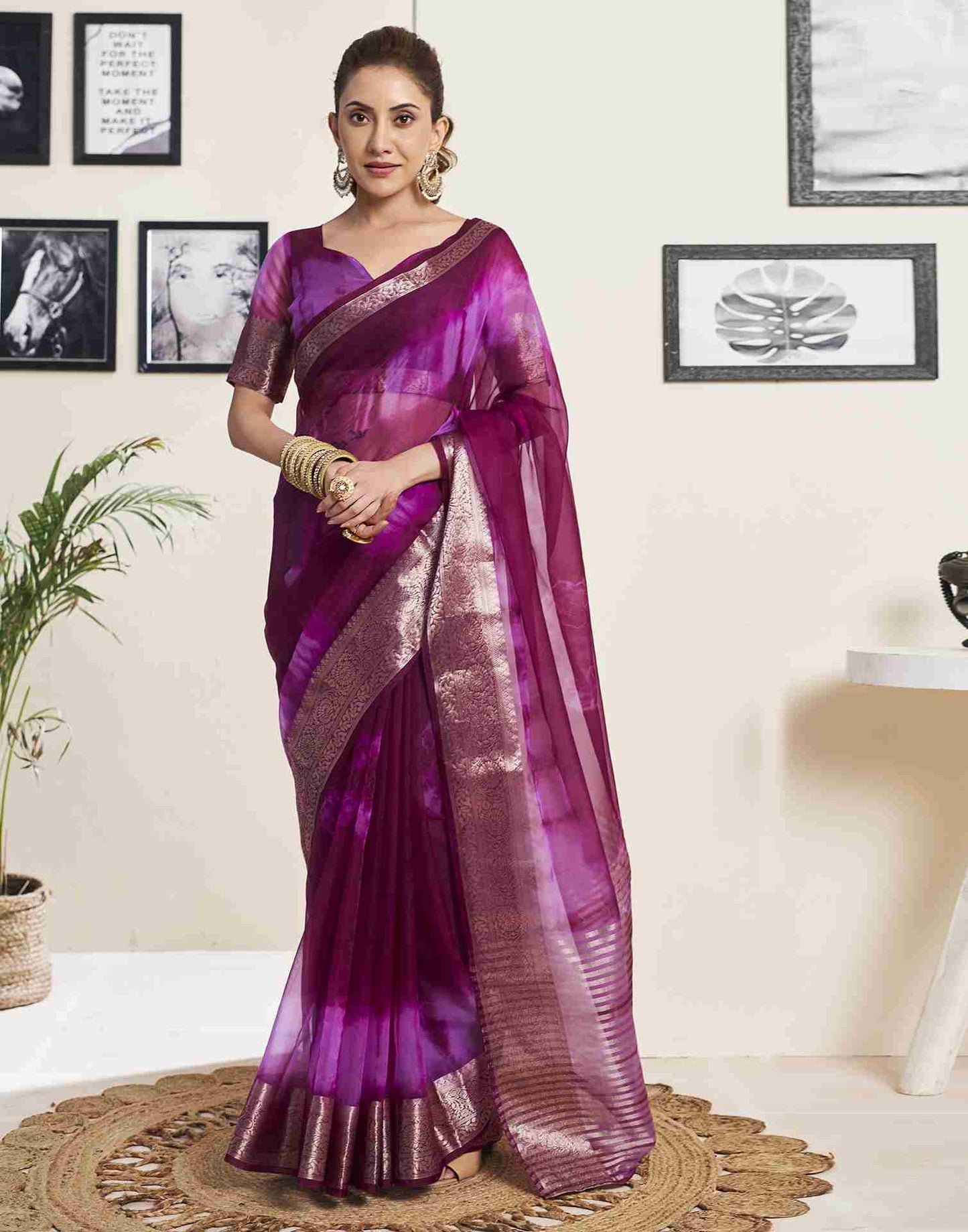 Wine Organza Printed Woven Saree