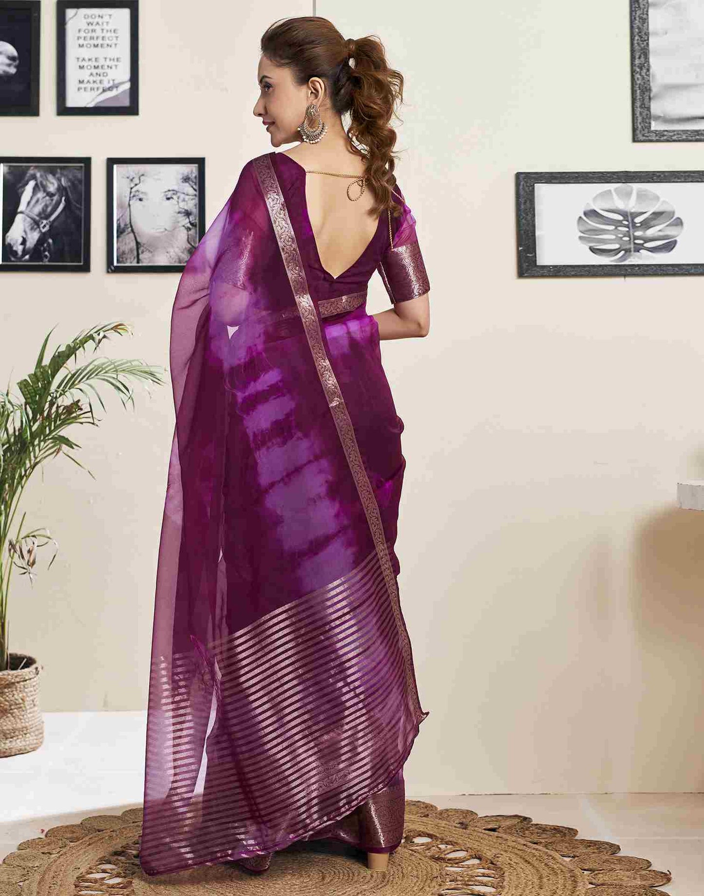 Wine Organza Printed Woven Saree